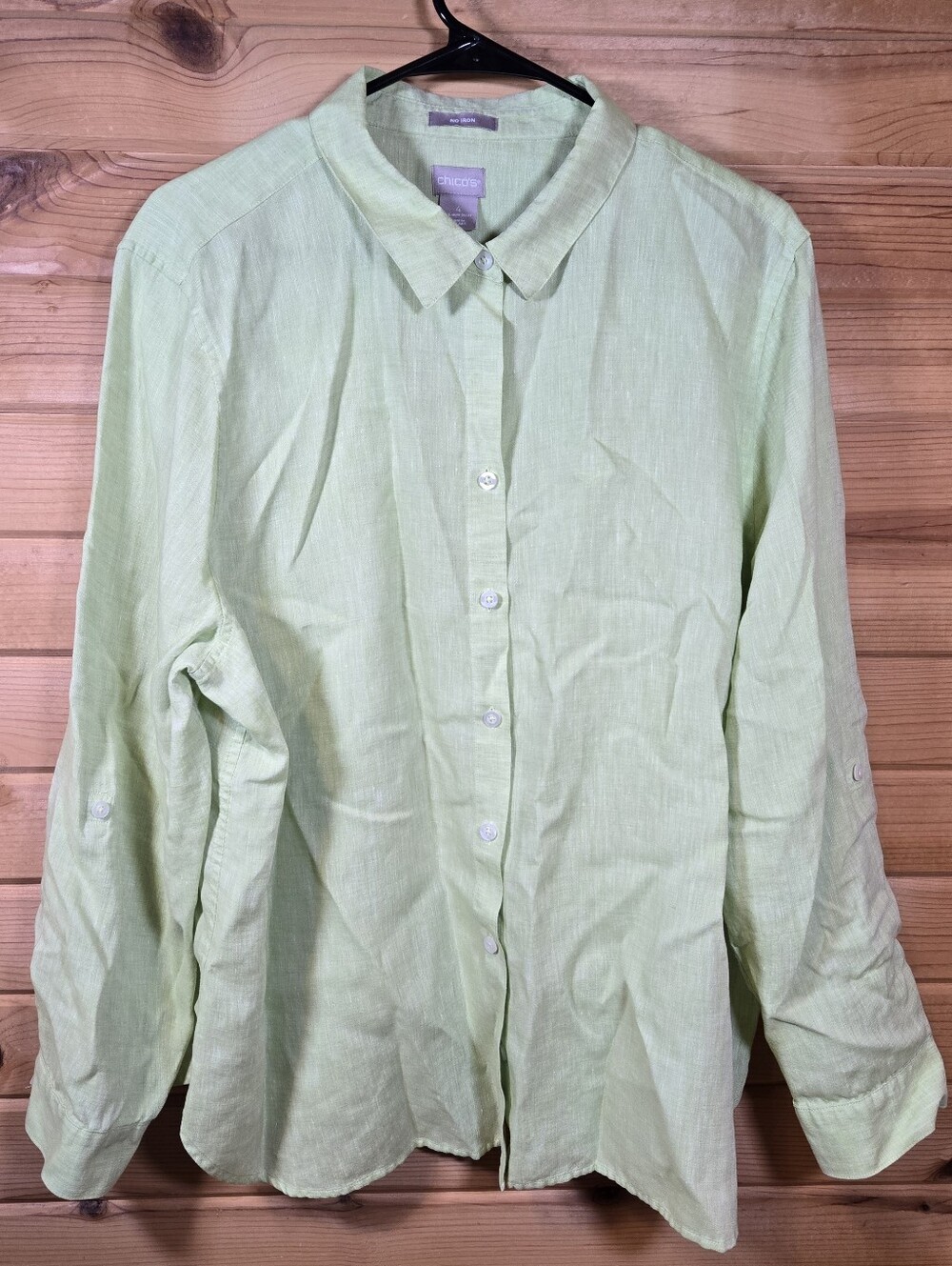 Chico's Women's Linen Button-Up Top 2XL XXL Lime Green Coastal Lagenlook Beachy